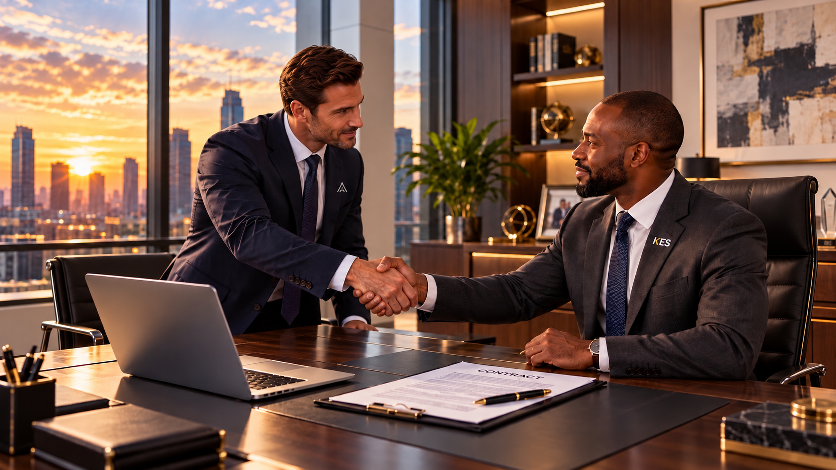 KES representative shaking hands with another business representative across a conference table with a laptop and contract documents.